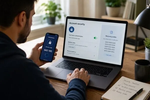 Persona controlla le impostazioni di sicurezza di un account online con telefono, laptop e codici di verifica sullo schermo, senza marchi visibili.