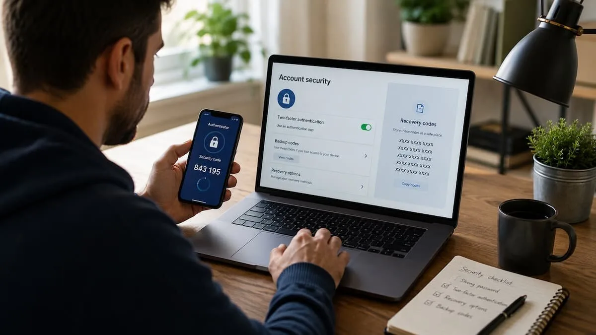 Persona controlla le impostazioni di sicurezza di un account online con telefono, laptop e codici di verifica sullo schermo, senza marchi visibili.
