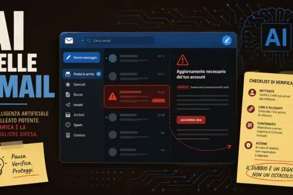 Illustrazione editoriale di una casella email con messaggi sospetti, simboli di intelligenza artificiale e segnali di phishing da verificare.