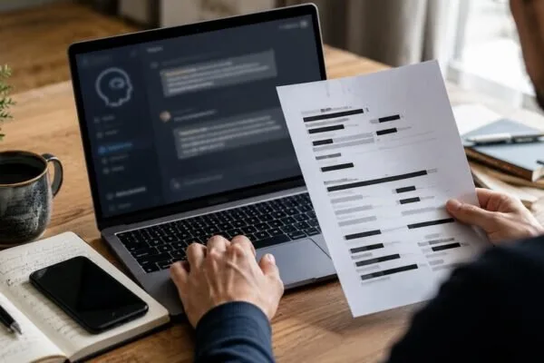 Persona controlla un prompt AI su laptop oscurando dati personali, documenti e credenziali prima di inviarli a un chatbot