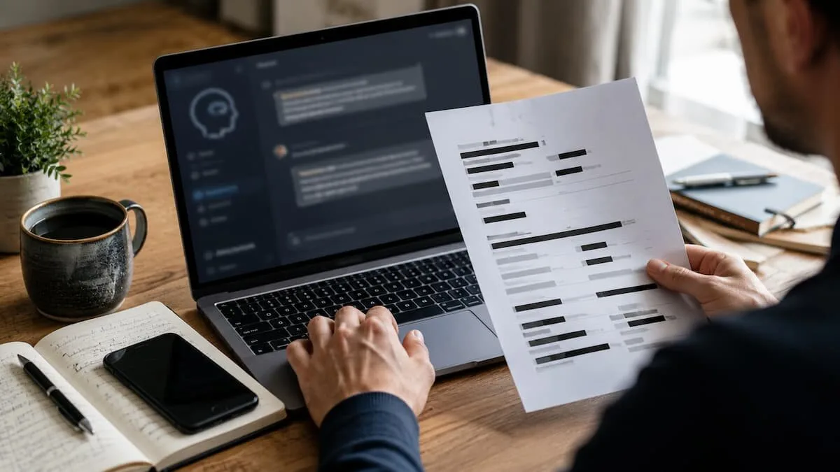 Persona controlla un prompt AI su laptop oscurando dati personali, documenti e credenziali prima di inviarli a un chatbot