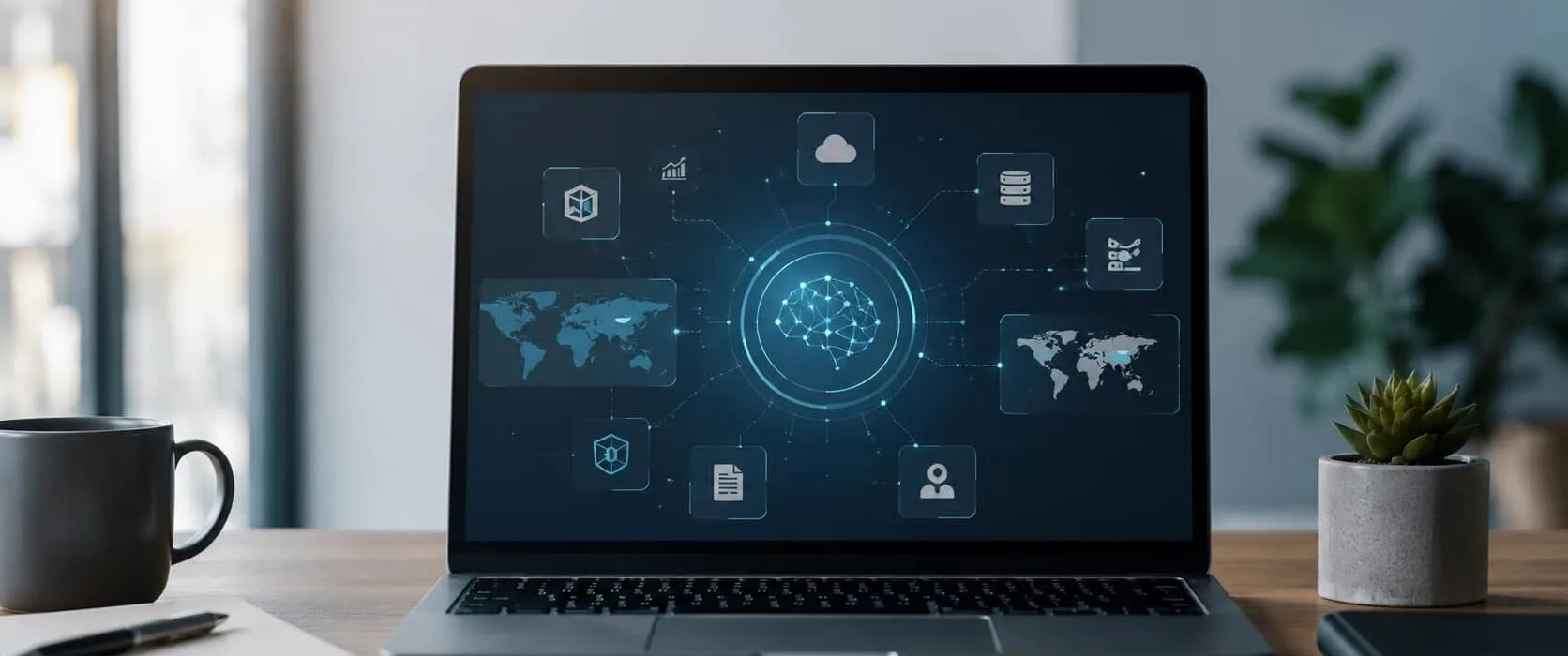 Persona che osserva una dashboard AI con collegamenti tra API, dati, governi e servizi digitali.