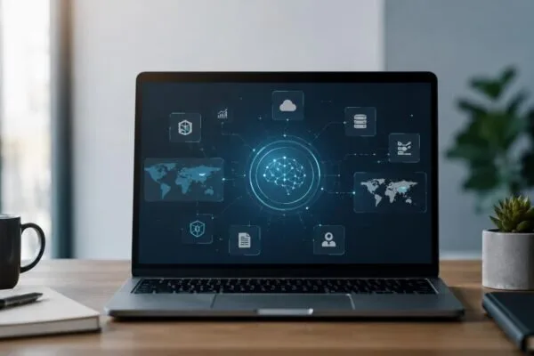 Persona che osserva una dashboard AI con collegamenti tra API, dati, governi e servizi digitali.