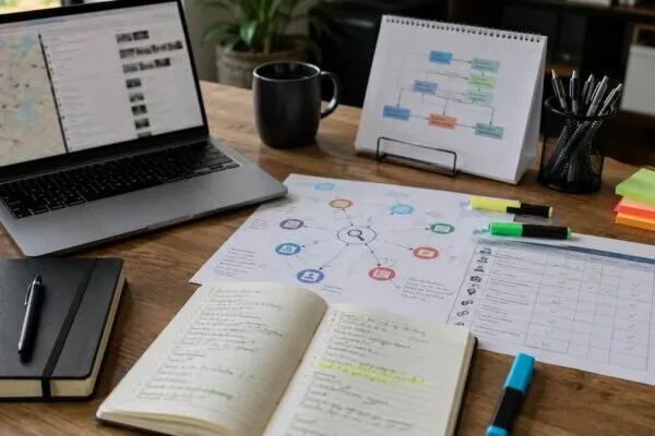 Scrivania di lavoro con laptop, note, mappa delle fonti e registro evidenze per un workflow OSINT aiutato dall'AI