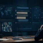 Schermo con trascrizioni AI analizzate come segnali OSINT, dashboard astratta e linee di monitoraggio digitale.