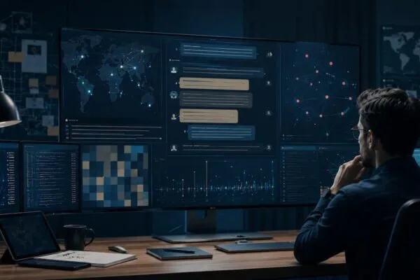 Schermo con trascrizioni AI analizzate come segnali OSINT, dashboard astratta e linee di monitoraggio digitale.
