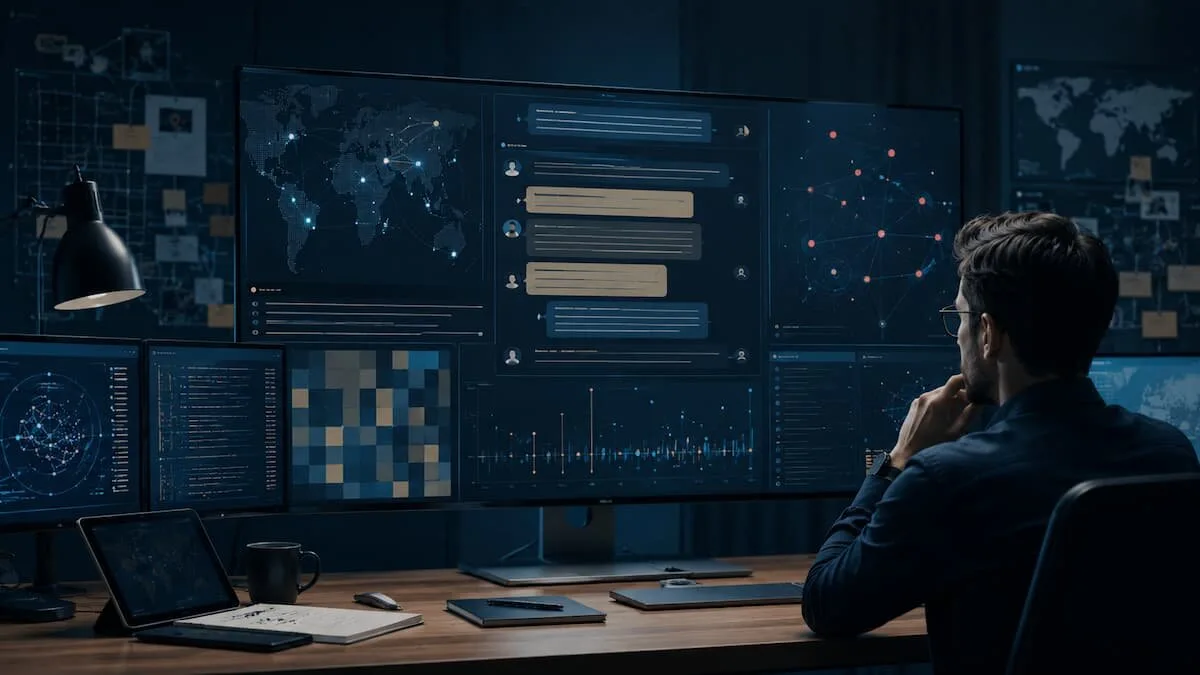 Schermo con trascrizioni AI analizzate come segnali OSINT, dashboard astratta e linee di monitoraggio digitale.