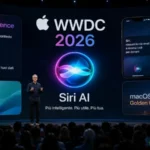 iPhone con Siri AI e icone di email, foto e messaggi collegate ad Apple Intelligence