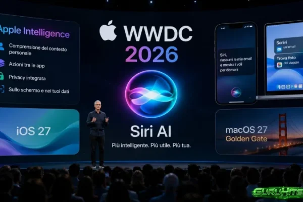 iPhone con Siri AI e icone di email, foto e messaggi collegate ad Apple Intelligence