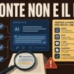 Illustrazione editoriale di una sintesi AI con link, documenti aperti e checklist di verifica delle fonti.