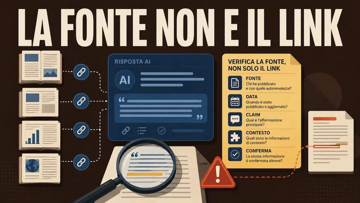 Illustrazione editoriale di una sintesi AI con link, documenti aperti e checklist di verifica delle fonti.