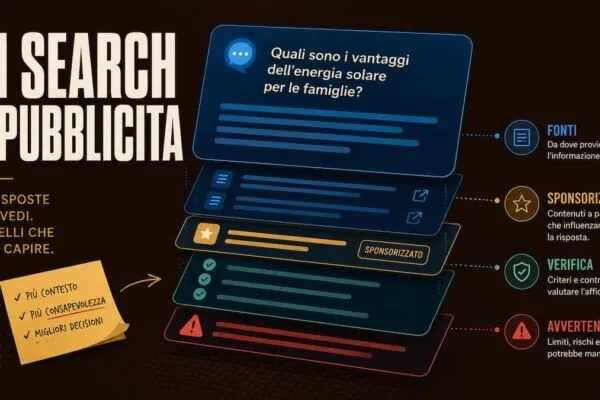 Illustrazione editoriale di una risposta AI con fonti, annunci e segnali di verifica separati in livelli distinti.