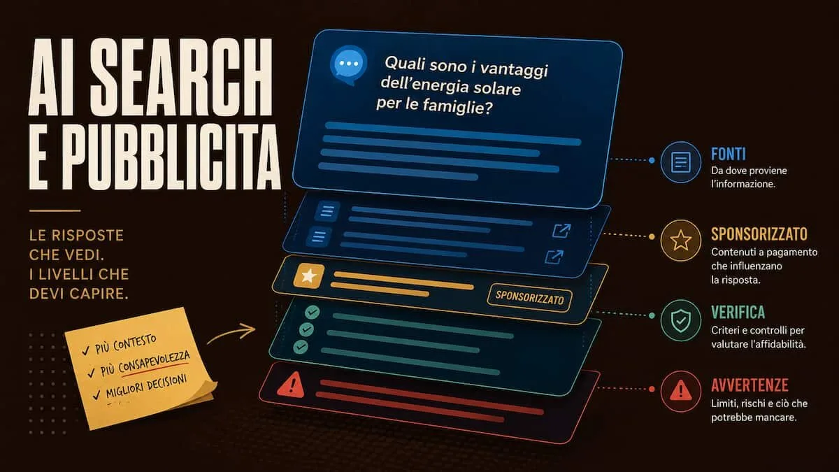 Illustrazione editoriale di una risposta AI con fonti, annunci e segnali di verifica separati in livelli distinti.
