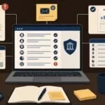 Scrivania con laptop, visura aziendale, tabella di verifica e note per controllare una società con fonti pubbliche.
