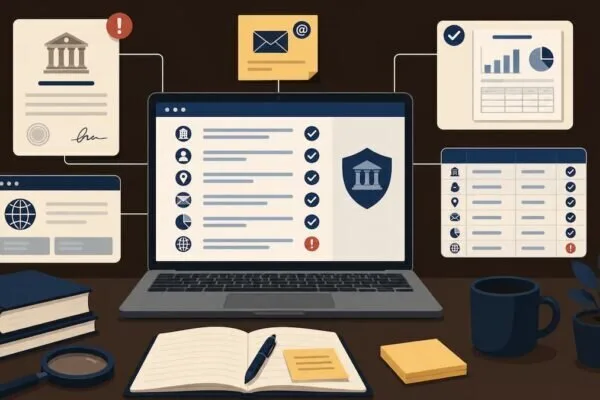Scrivania con laptop, visura aziendale, tabella di verifica e note per controllare una società con fonti pubbliche.