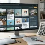 Archivio fotografico digitale con immagini autorizzate, metadati e simboli di attribuzione usati dentro un'interfaccia AI