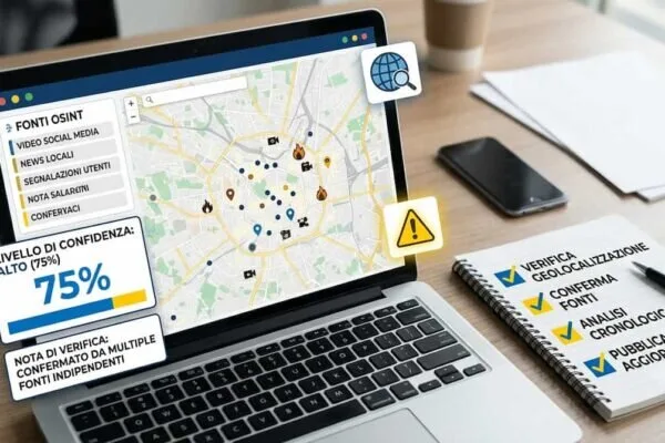 Scrivania digitale con mappa OSINT generica, marker, fonti e checklist di verifica.