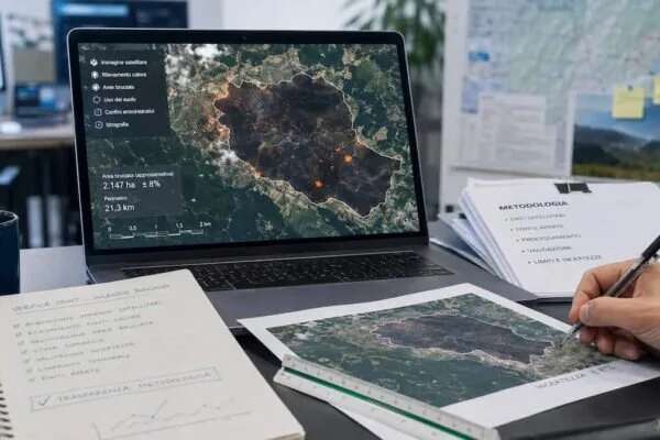 Mappa satellitare e livelli GIS usati per verificare un'area colpita da incendio con dati OSINT aperti