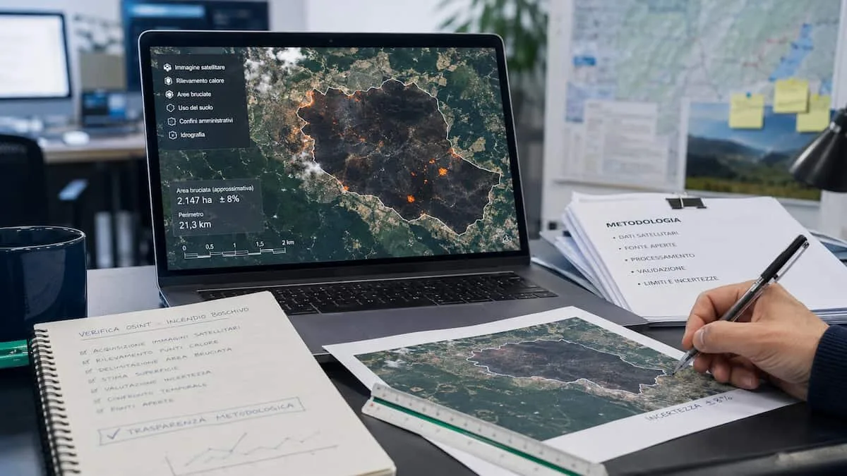 Mappa satellitare e livelli GIS usati per verificare un'area colpita da incendio con dati OSINT aperti