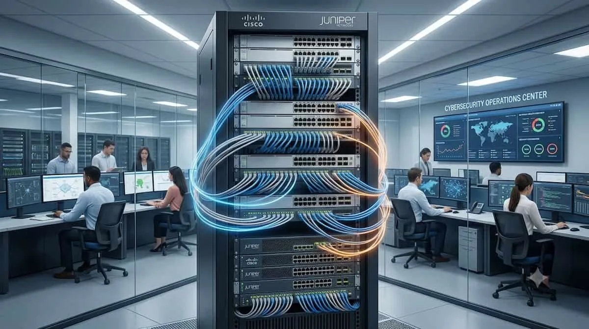 Router aziendale in un'infrastruttura di rete, simbolo del ruolo strategico dei dispositivi di rete nelle operazioni di cyber intelligence.