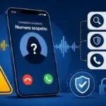 Persona che riceve una chiamata sospetta sullo smartphone con simboli audio e avviso di verifica contro truffe con voce clonata AI.