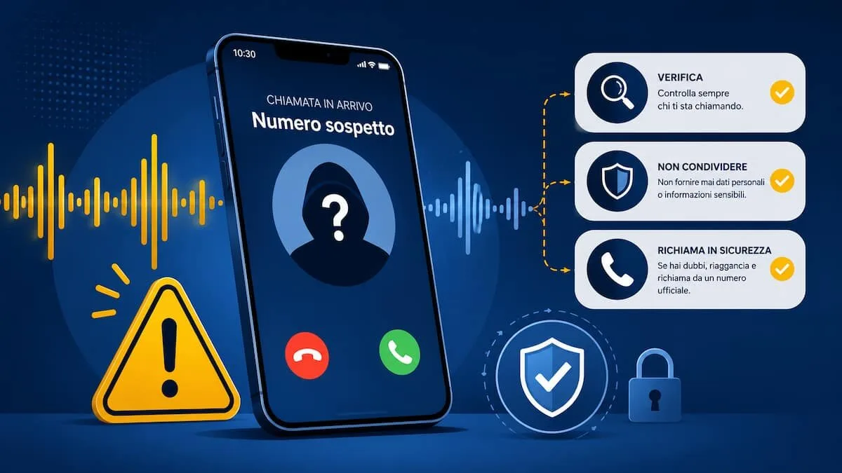 Persona che riceve una chiamata sospetta sullo smartphone con simboli audio e avviso di verifica contro truffe con voce clonata AI.