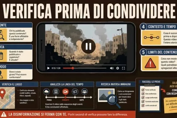 Illustrazione editoriale con un video di guerra analizzato tramite checklist OSINT, mappa, timeline e segnali di verifica prima della condivisione.