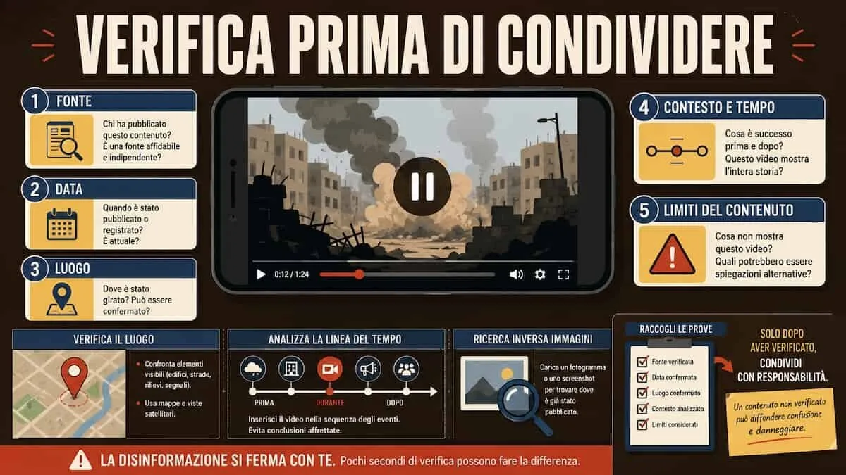 Illustrazione editoriale con un video di guerra analizzato tramite checklist OSINT, mappa, timeline e segnali di verifica prima della condivisione.