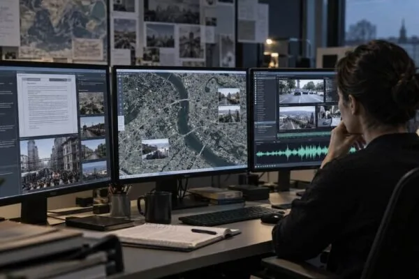 Analista davanti a più fonti digitali mentre confronta modelli LLM per un'attività OSINT