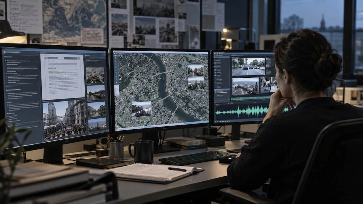 Analista davanti a più fonti digitali mentre confronta modelli LLM per un'attività OSINT